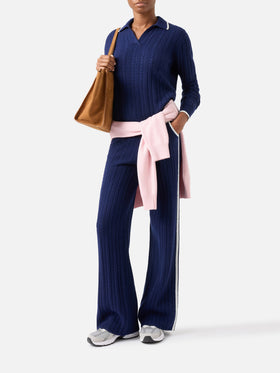 Nachtblauer blue Clichy Strick mit Polokragen aus Wolle mit Pointelle-Muster 