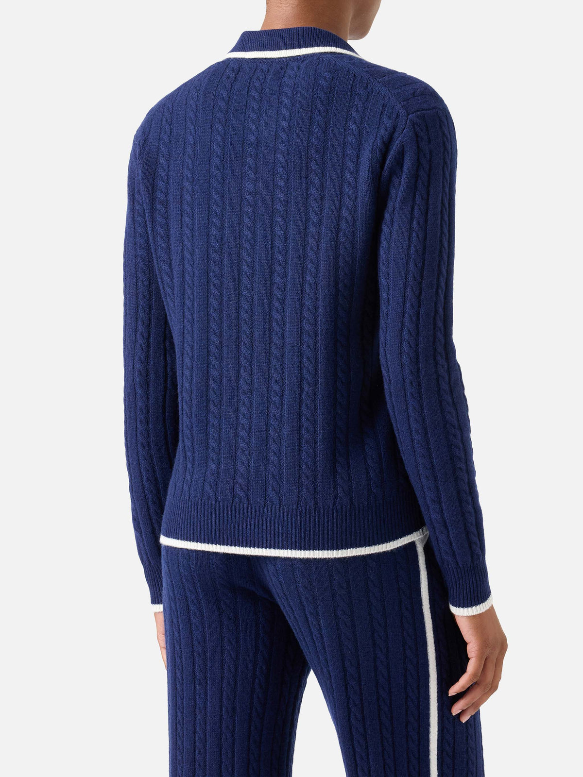 Nachtblauer blue Clichy Strick mit Polokragen aus Wolle mit Pointelle-Muster 