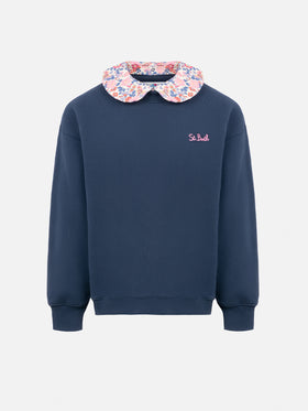 Girl blue crewneck sweatshirt Coleen with a floral collar - MC2 Saint Barth