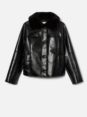 Veste Clisia noire en similicuir avec col en fausse fourrure 