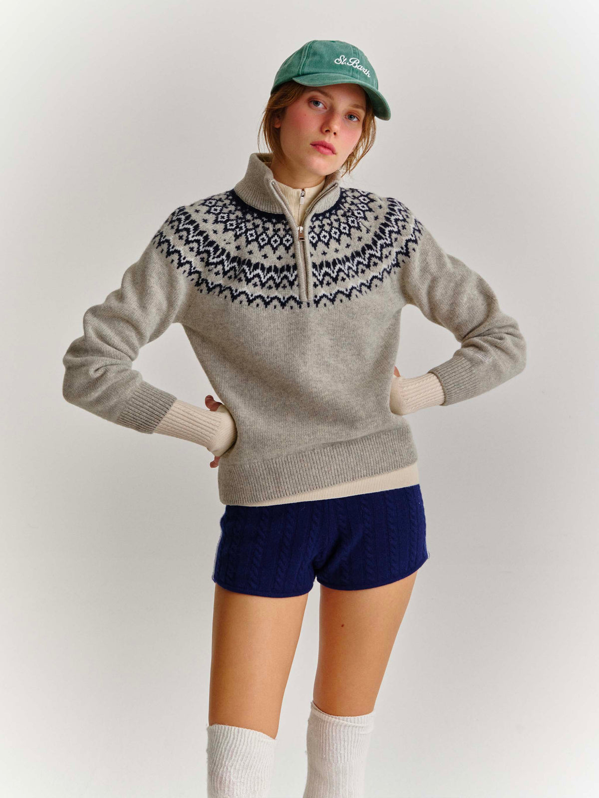 Maglia mezza zip in misto lana Clyde grigia con motivo nordico