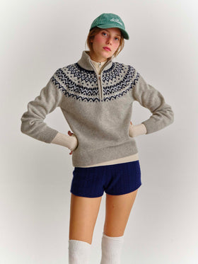 Maglia mezza zip in misto lana Clyde grigia con motivo nordico