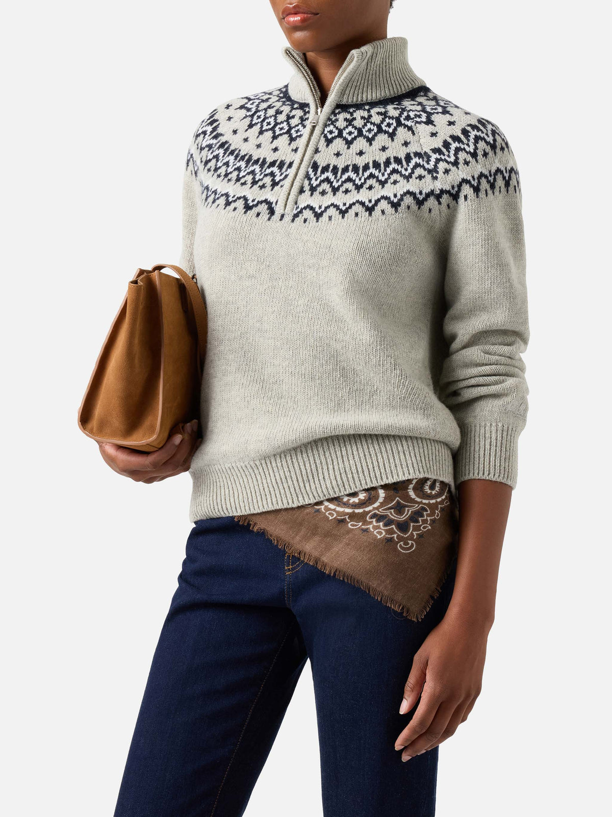 Maglia mezza zip in misto lana Clyde grigia con motivo nordico