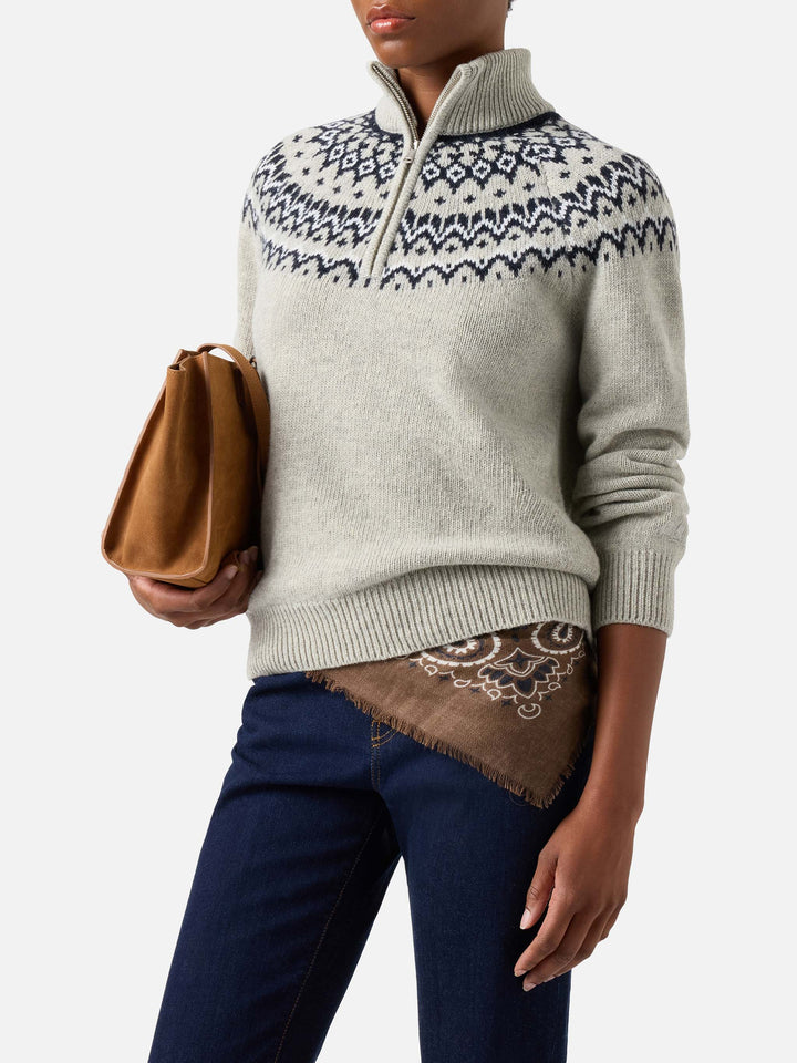 Grauer Clyde Half-Zip-Strick aus Wollmischung mit nordischem Muster 