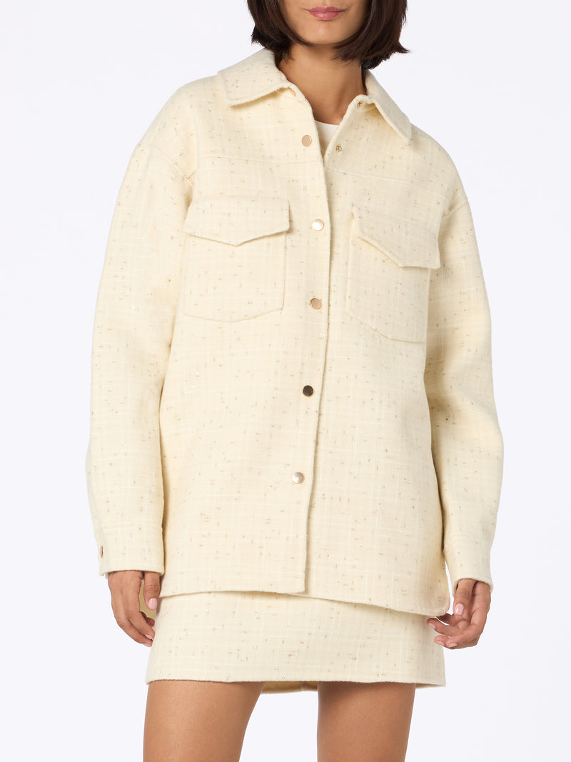 Woman wooly tweed white jacket Chantel with sequins