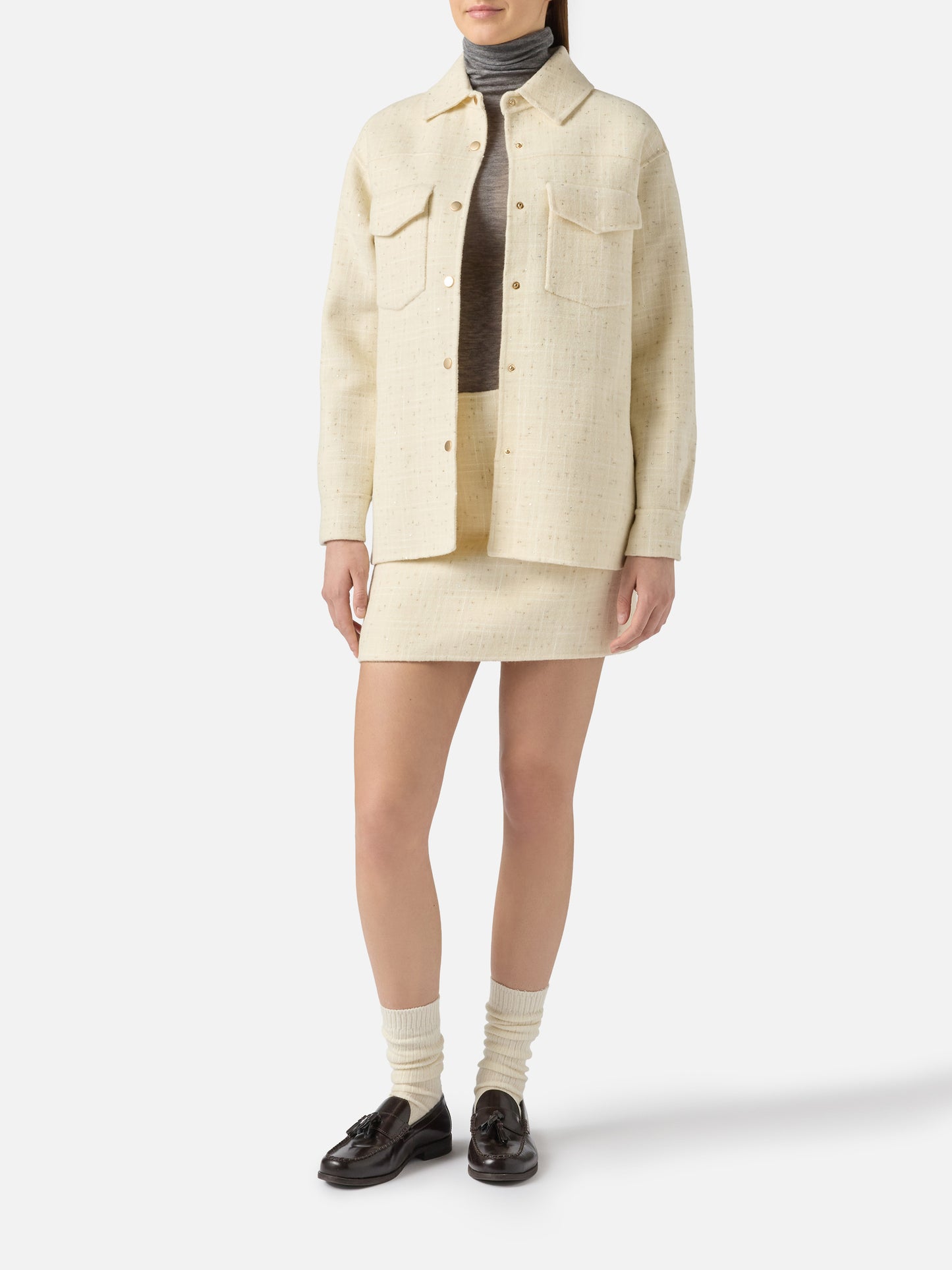 Weiße Woll-Tweedjacke für Damen von Chantel mit Pailletten