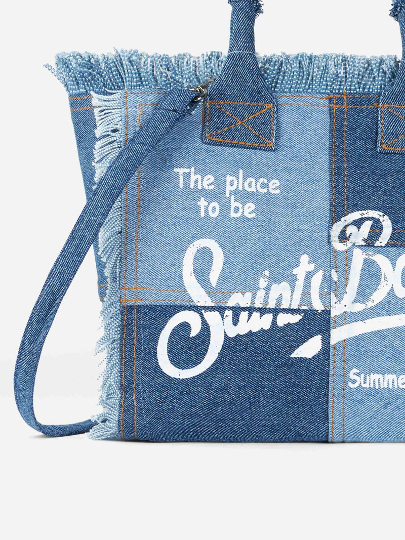 Colette-Handtasche aus Baumwollcanvas mit Denim-Patches