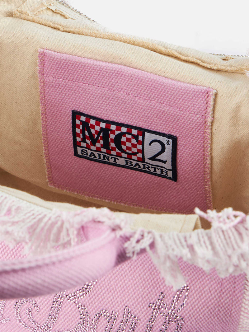 Rosafarbene Colette-Handtasche aus Baumwollcanvas mit Strasssteinen