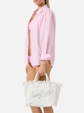 Borsa Colette in canvas bianca con logo in strass