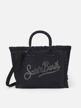 Schwarze Colette-Handtasche aus Baumwollcanvas mit Strasssteinen