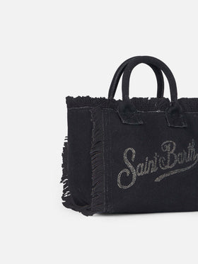 Schwarze Colette-Handtasche aus Baumwollcanvas mit Strasssteinen