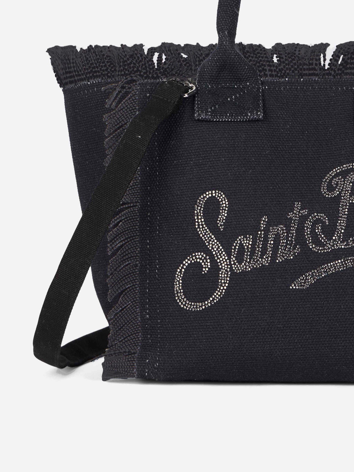 Schwarze Colette-Handtasche aus Baumwollcanvas mit Strasssteinen