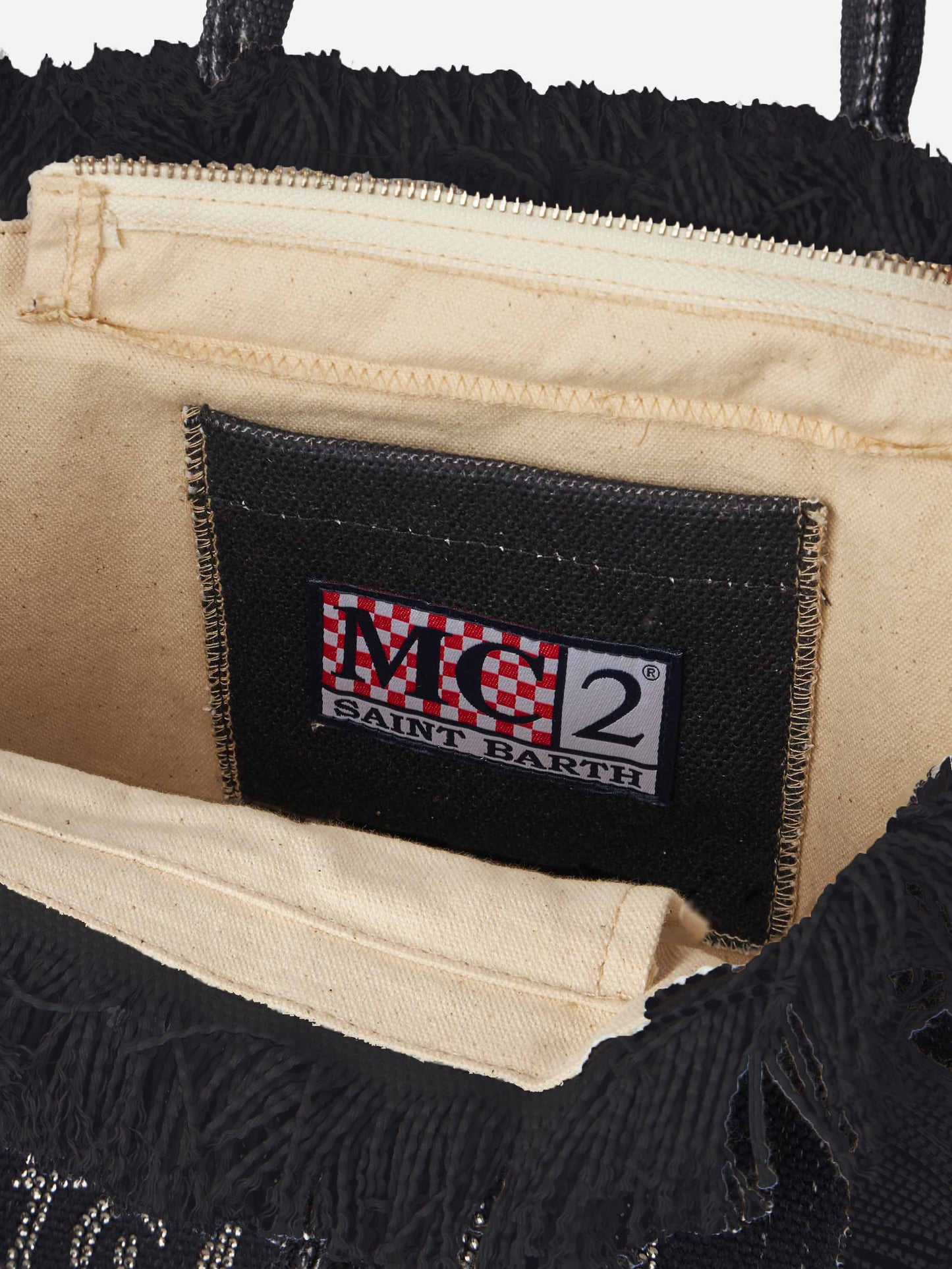 Schwarze Colette-Handtasche aus Baumwollcanvas mit Strasssteinen