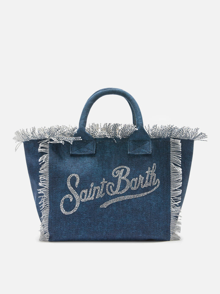 Borsa Colette in canvas blu indaco con logo in strass