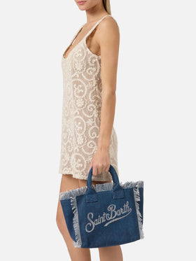 Borsa Colette in canvas blu indaco con logo in strass