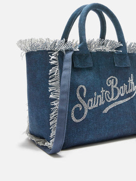 Borsa Colette in canvas blu indaco con logo in strass