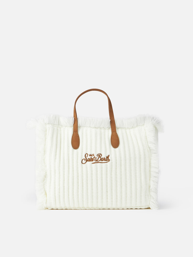 Camel rib knit Colette handbag with logo embroidery