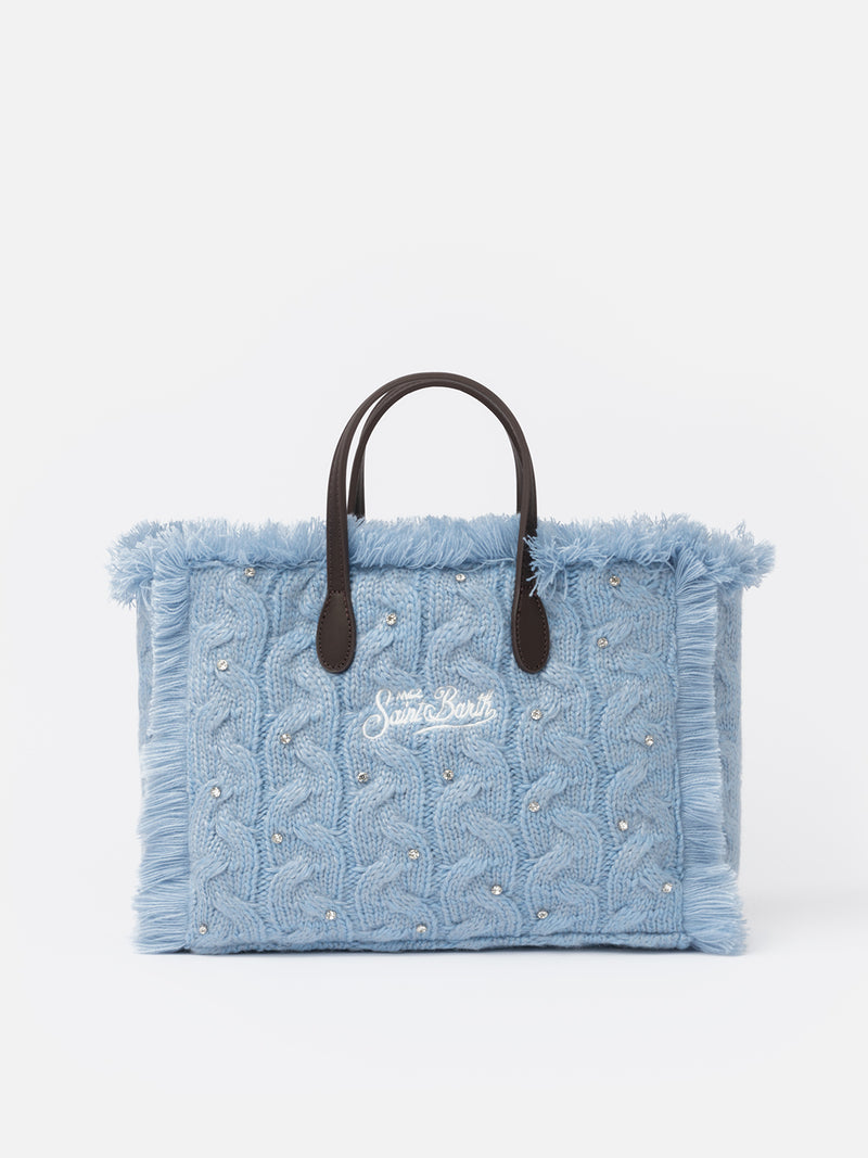 Light blue cable knit Colette handbag with rhinestones embellishment