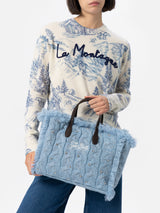 Light blue cable knit Colette handbag with rhinestones embellishment