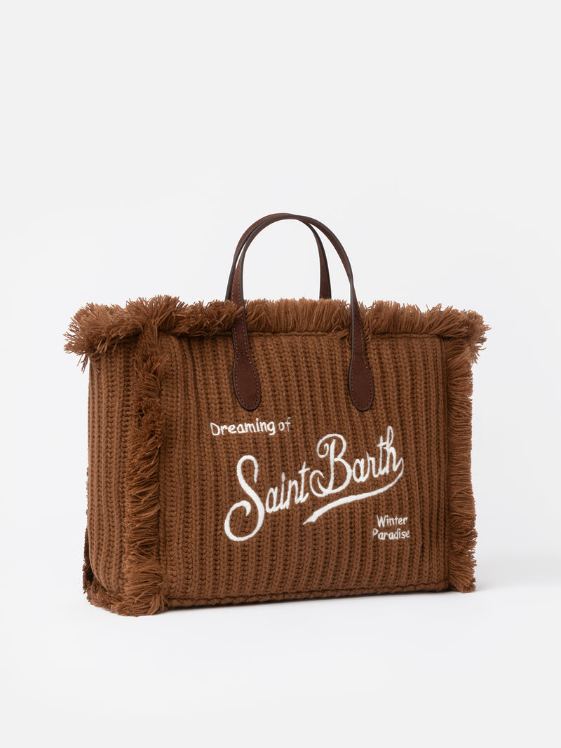 Brown rib knit Colette handbag with logo embroidery