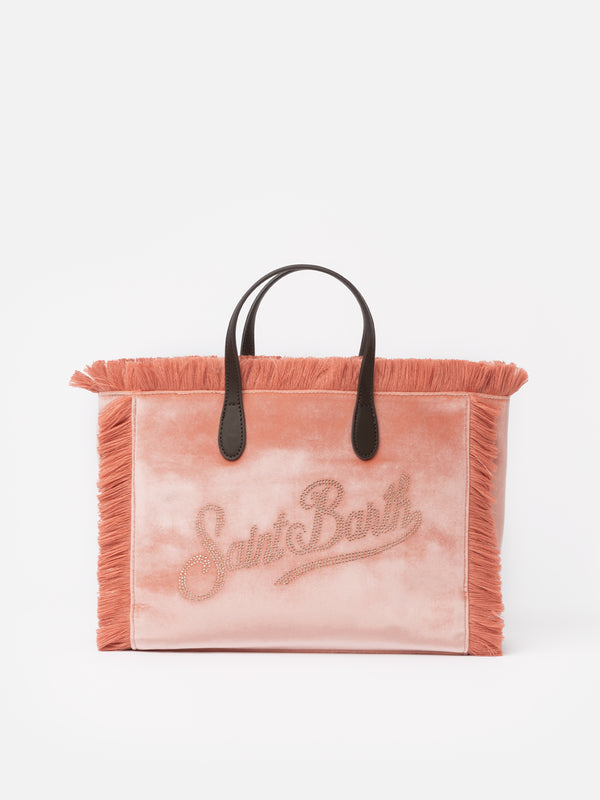 Pink velvet Colette handbag with rhinestones logo