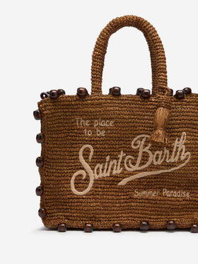 Borsa Colette in raffia con logo ricamato e perline applicate