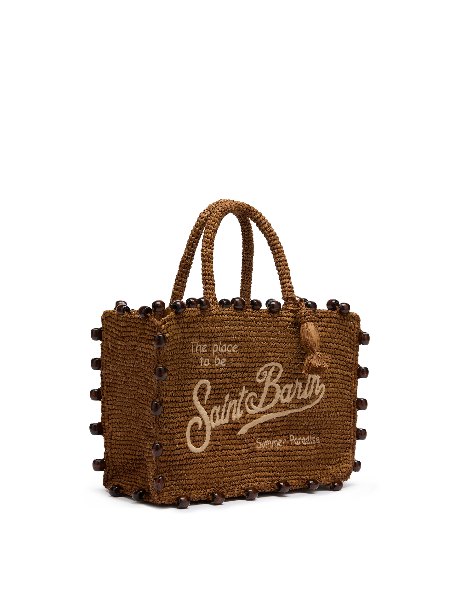 Borsa Colette in raffia con logo ricamato e perline applicate