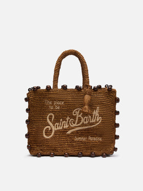 Colette Raffia brown handbag with beads and logo  embroidery