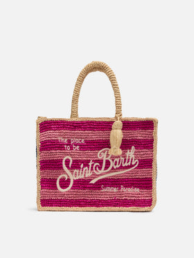 Borsa Colette in rafia a righe multicolore con logo ricamato