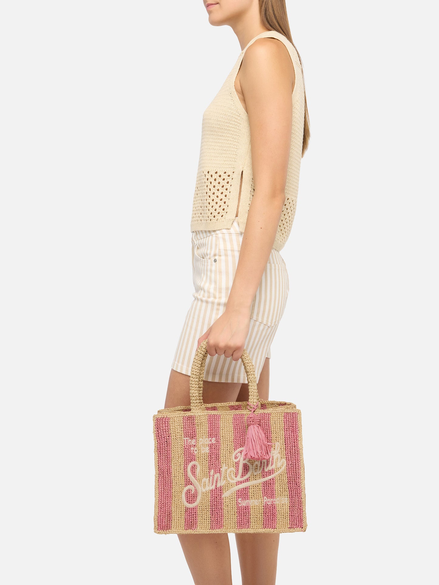 Colette Raffia rosa gestreifte Handtasche mit Logo-Stickerei