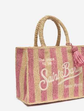 Colette Raffia rosa gestreifte Handtasche mit Logo-Stickerei