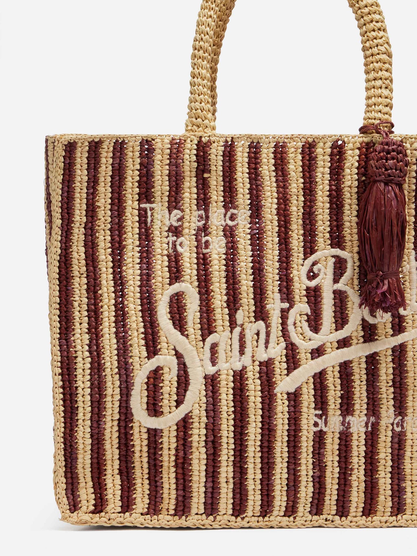 Borsa Colette in raffia a righe con logo ricamato e nappetta