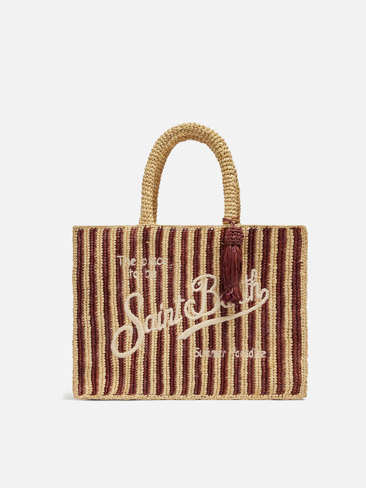 Borsa Colette in raffia a righe con logo ricamato e nappetta
