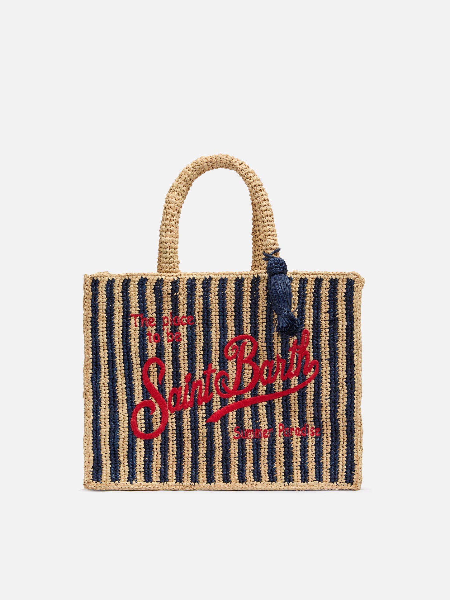 Colette Raffia navy blue striped handbag with logo  embroidery
