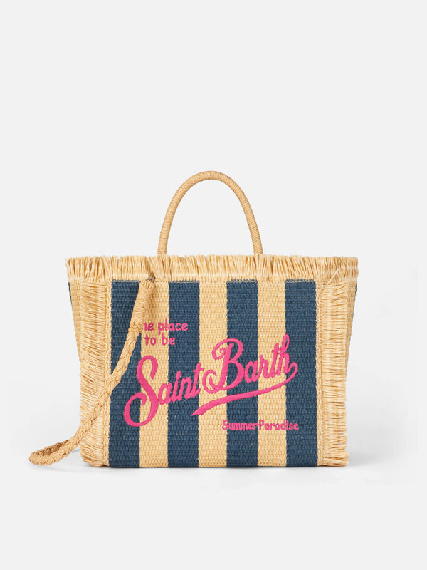 Colette Straw handbag with navy blue striped print
