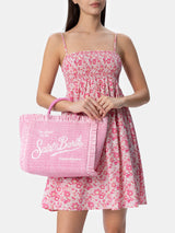 Rosafarbene Colette Straw-Handtasche mit Stickerei
