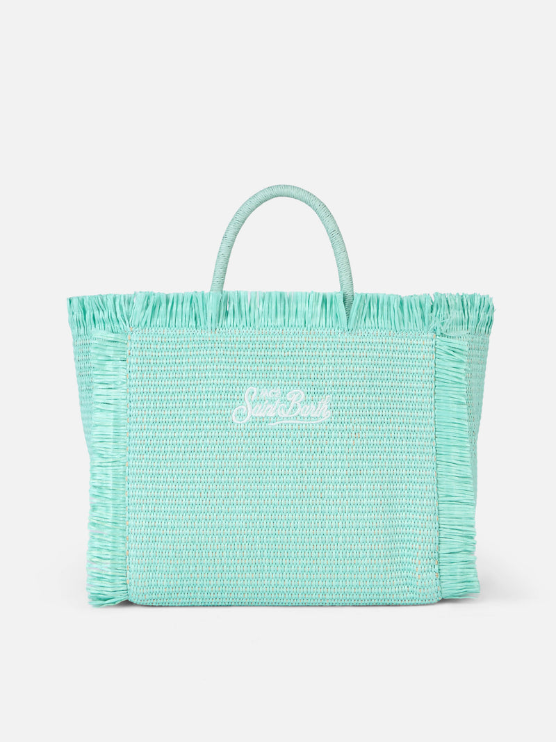 Borsa a mano Colette in paglia verde acqua con perline di legno a forma di fiore