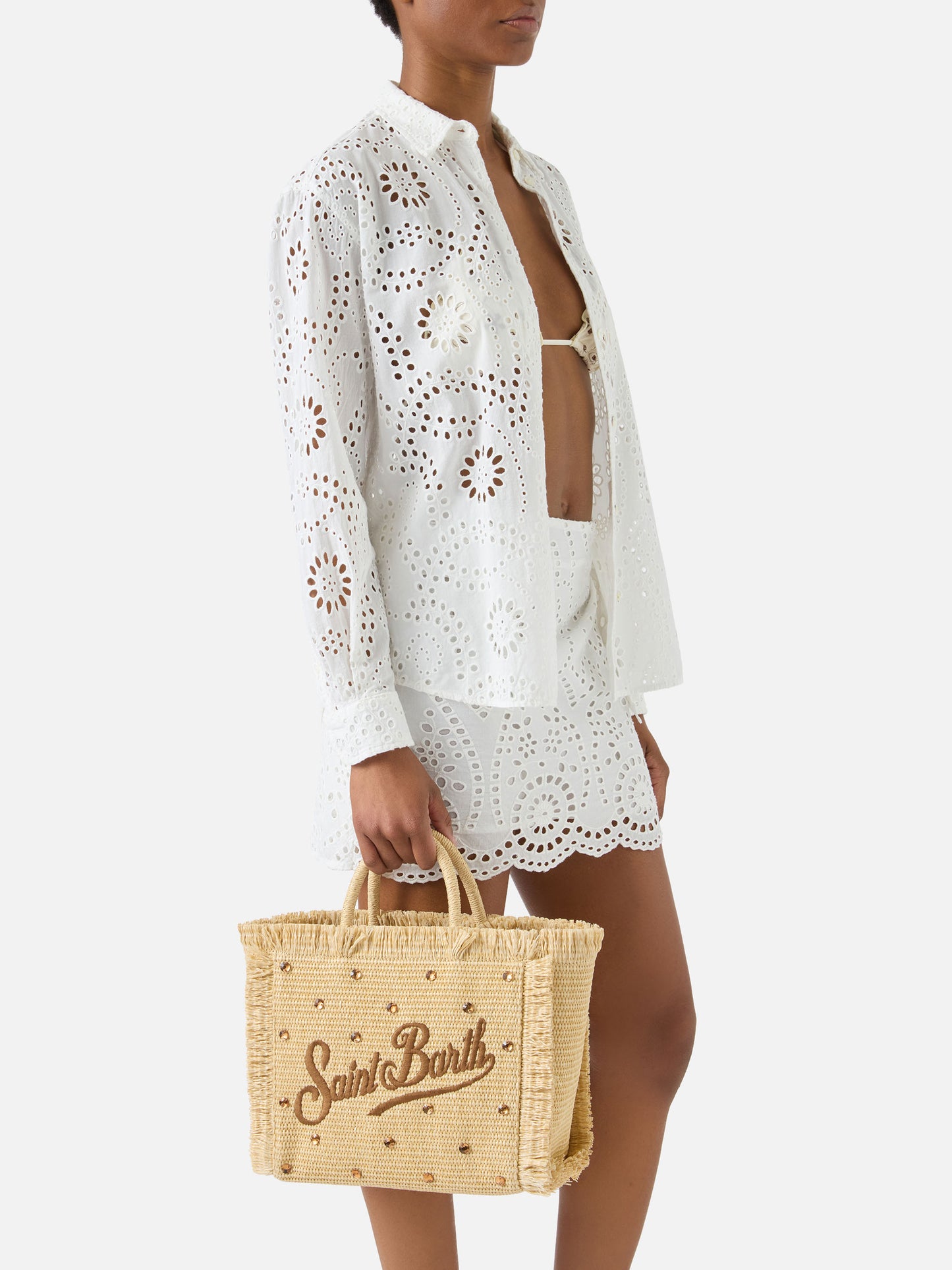Borsa Colette in tessuto effetto paglia con strass applicati