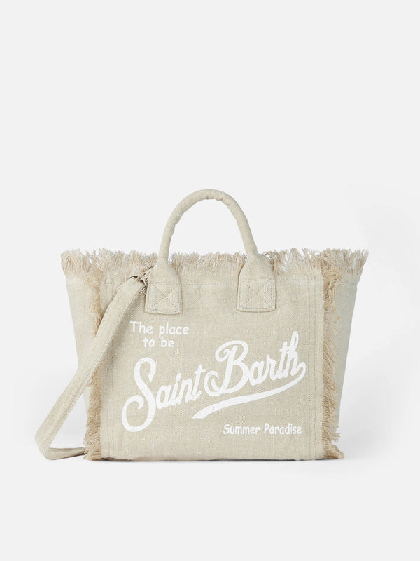 Beige Colette Linen handbag with Saint Barth logo print
