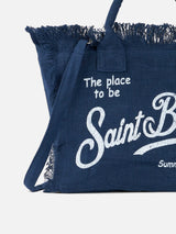 Blue Colette Linen handbag with Saint Barth logo print