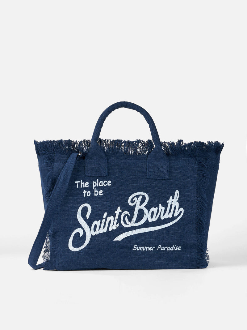 Blue Colette Linen handbag with Saint Barth logo print