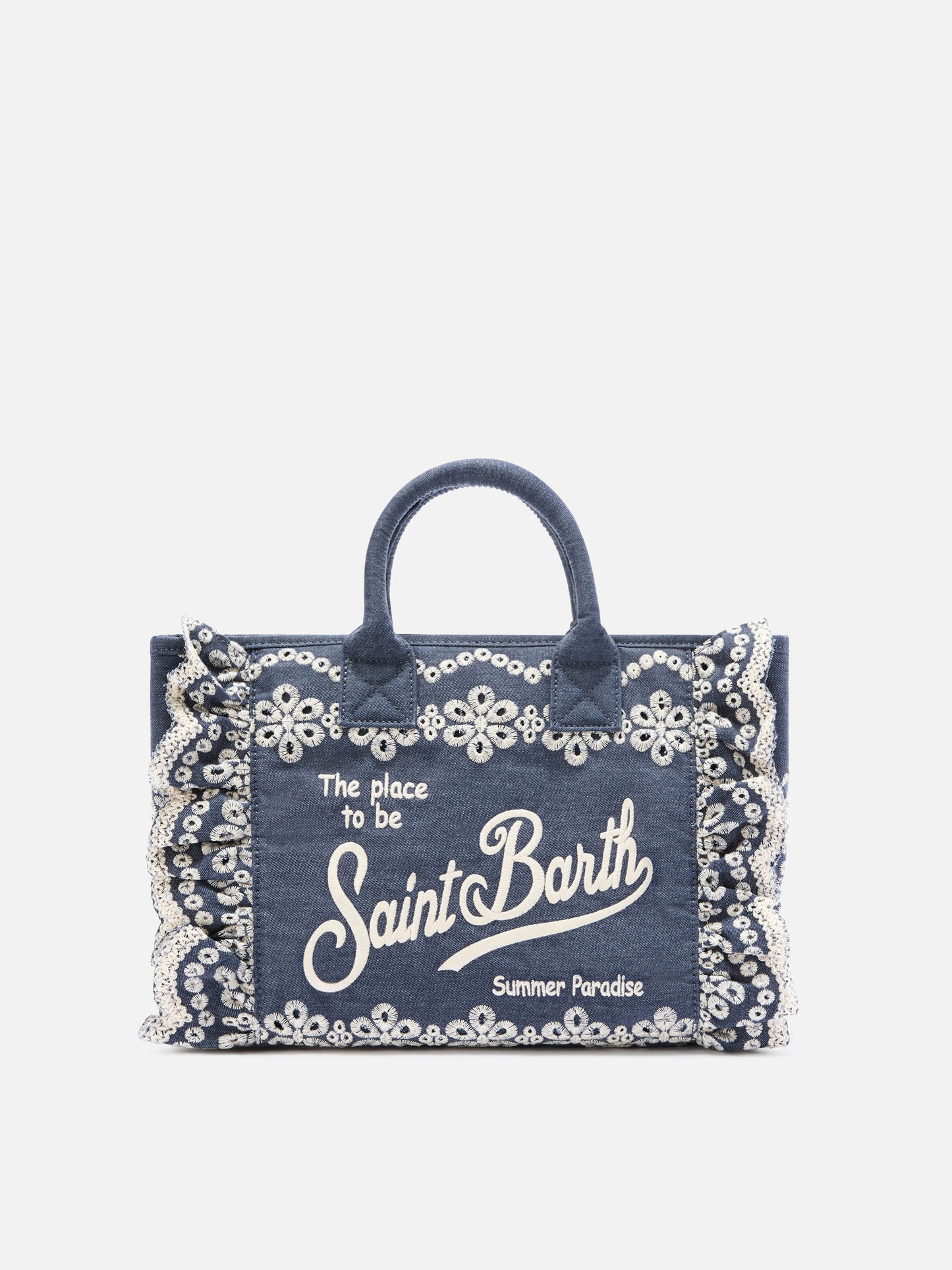 Colette Volant bag in dark wash denim with decorative embroidery