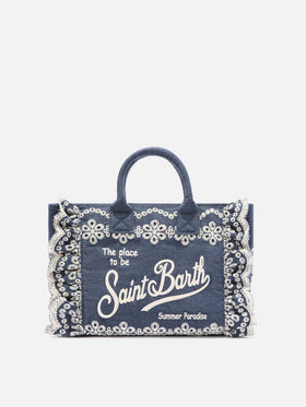 Colette Volant bag in dark wash denim with decorative embroidery