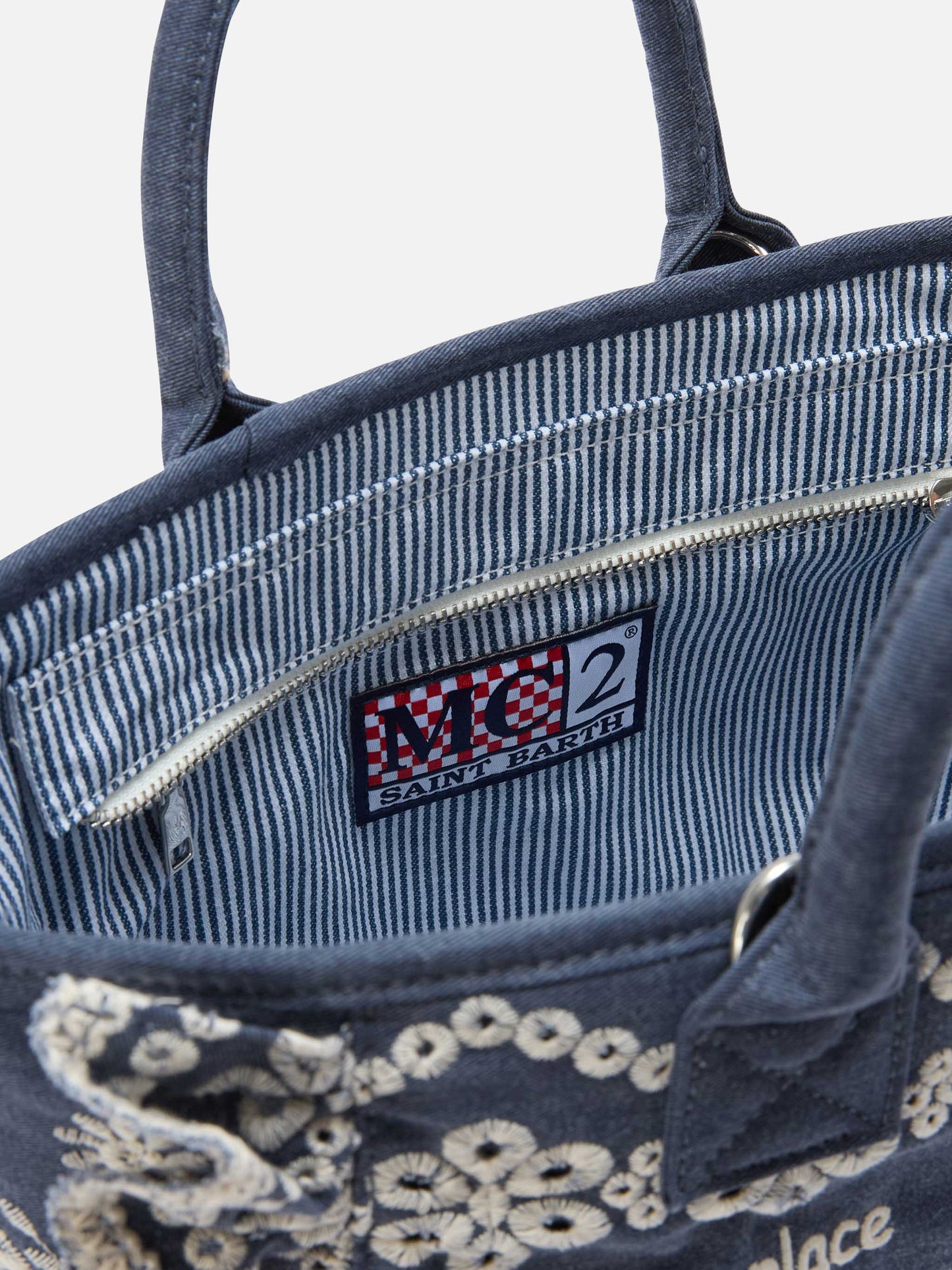 Colette Volant bag in dark wash denim with decorative embroidery