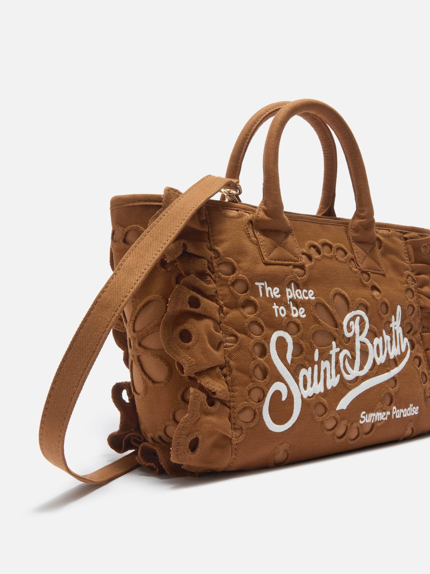 Colette Volant Tasche aus brauner Baumwolle mit Broderie anglaise 