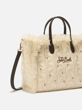 Colette Wool Braid Handbag in white braided wool blend with rhinestones