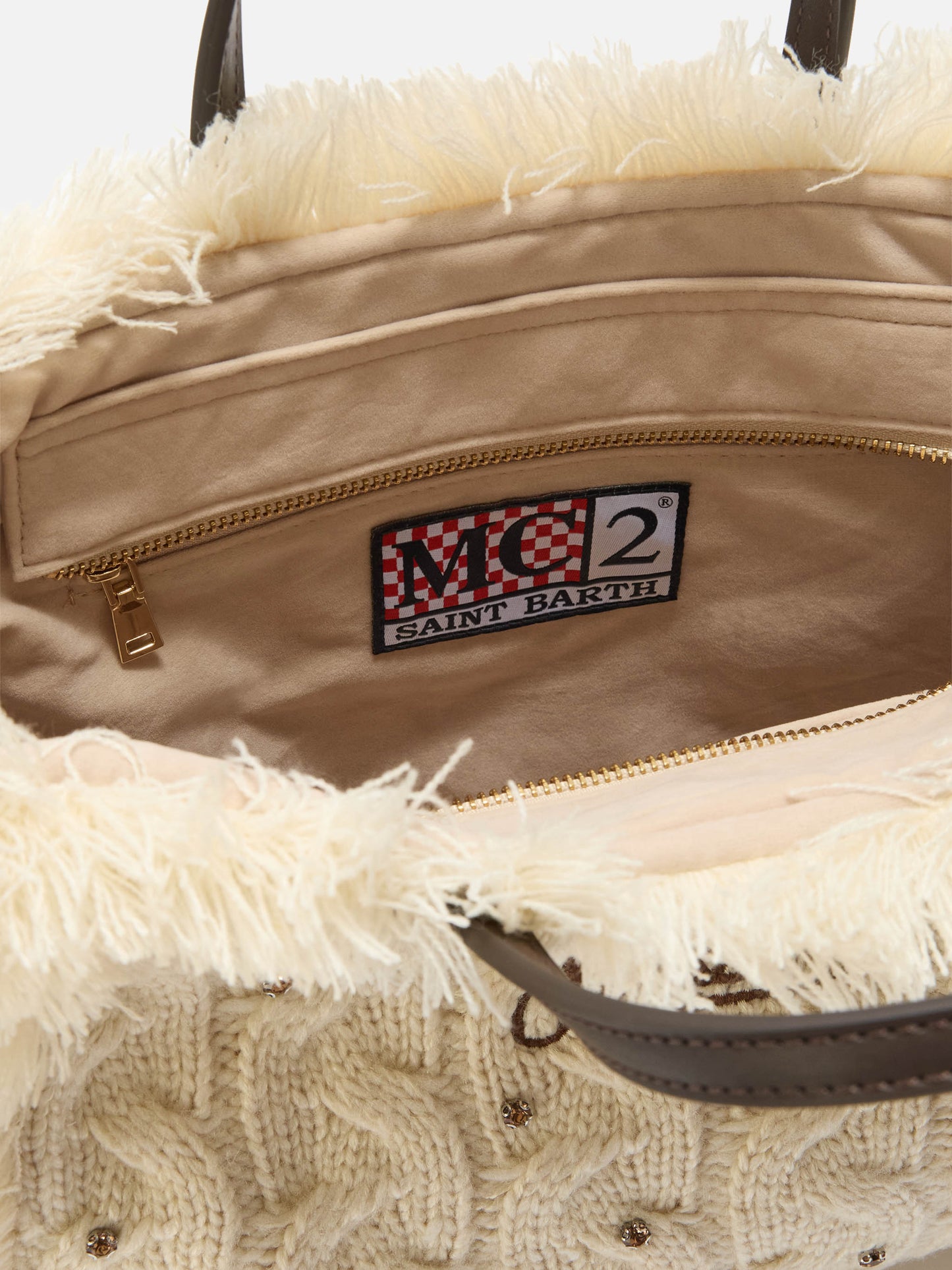 Colette Wool Braid Handbag in white braided wool blend with rhinestones