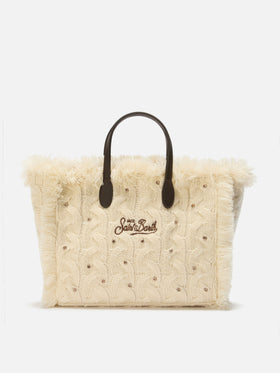 Colette Wool Braid Handbag in white braided wool blend with rhinestones