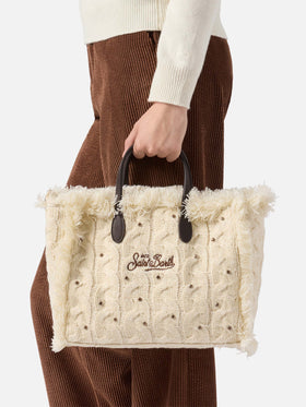 Colette Wool Braid Handbag in white braided wool blend with rhinestones