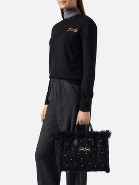 Colette Wool Braid Handbag in black braided wool blend with rhinestones